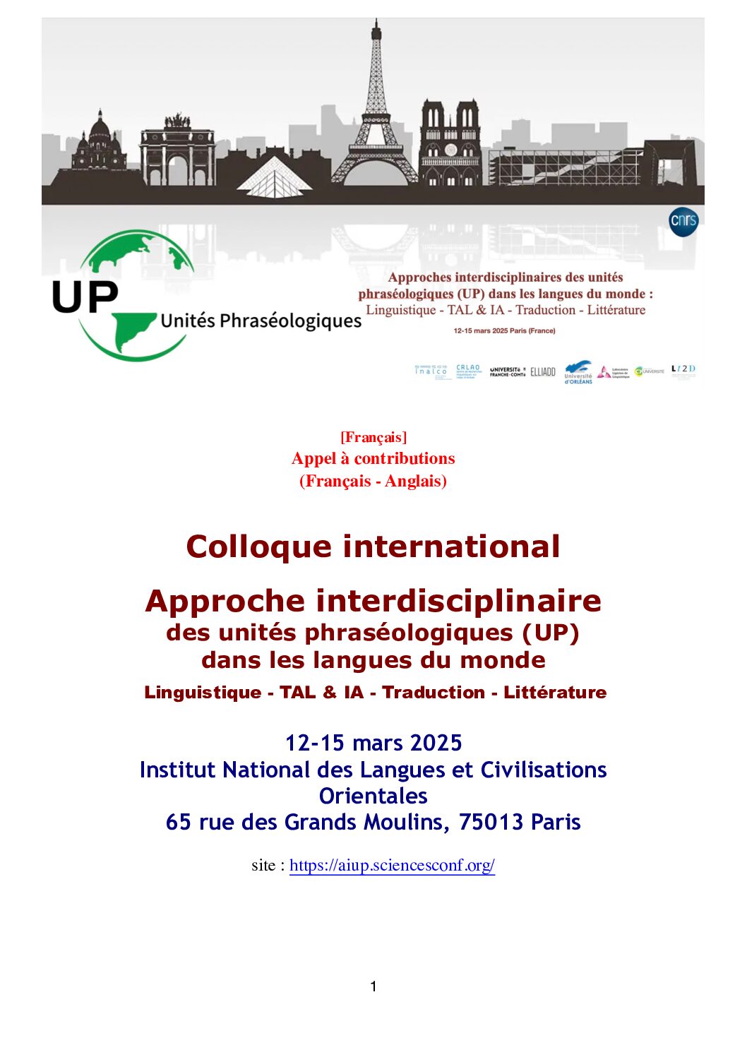 Colloque international : Approche interdisciplinaire des unités phraséologiques (UP) dans les langues du monde